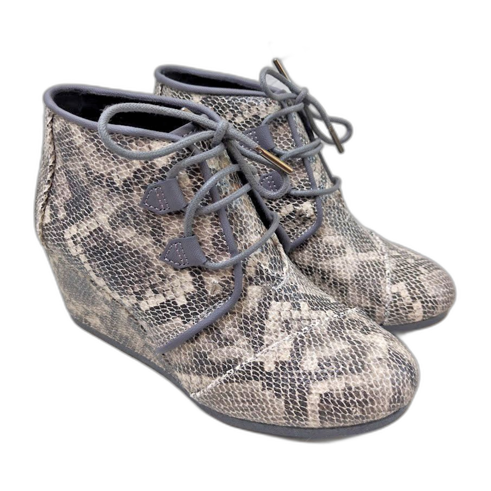 NEW Toms Boots Womens 7.5 Kala Snake Print Ankle Booties Wedge Lace Up Gray